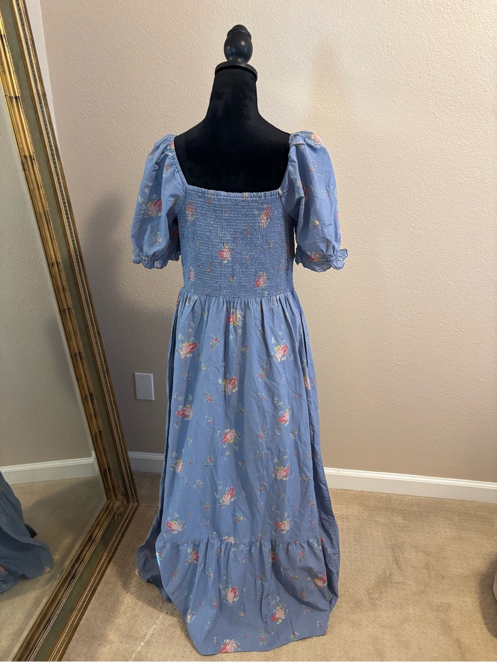 Universal Thread Blue Floral Tie-Front Midi Dress with Puff Sleeves - Picture 3 of 4